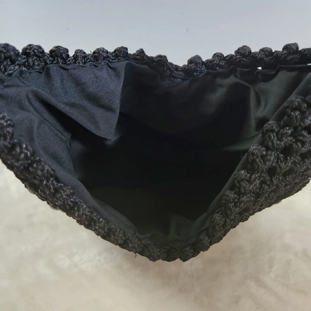 Vintage Hobo Boho Black Beaded Crochet Handbag Shoulder Bag Purse Bag